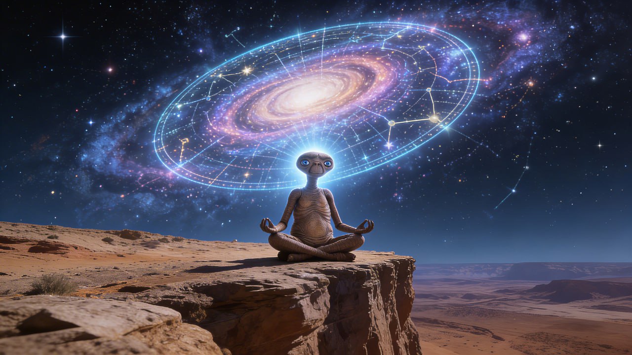 E.T. riding in a bicycle basket at sunset