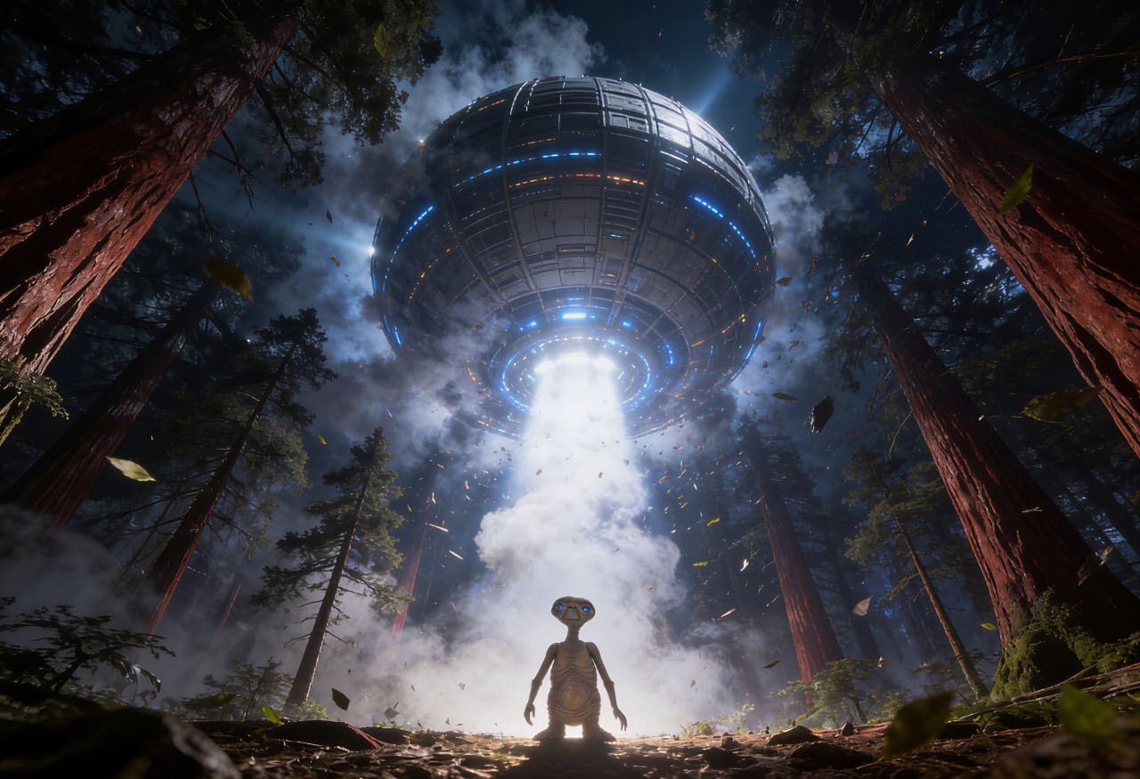 E.T. under a giant UFO beam in a forest